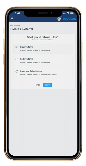 What type of referral Roosted app showing how you choose what type of referral you are sending